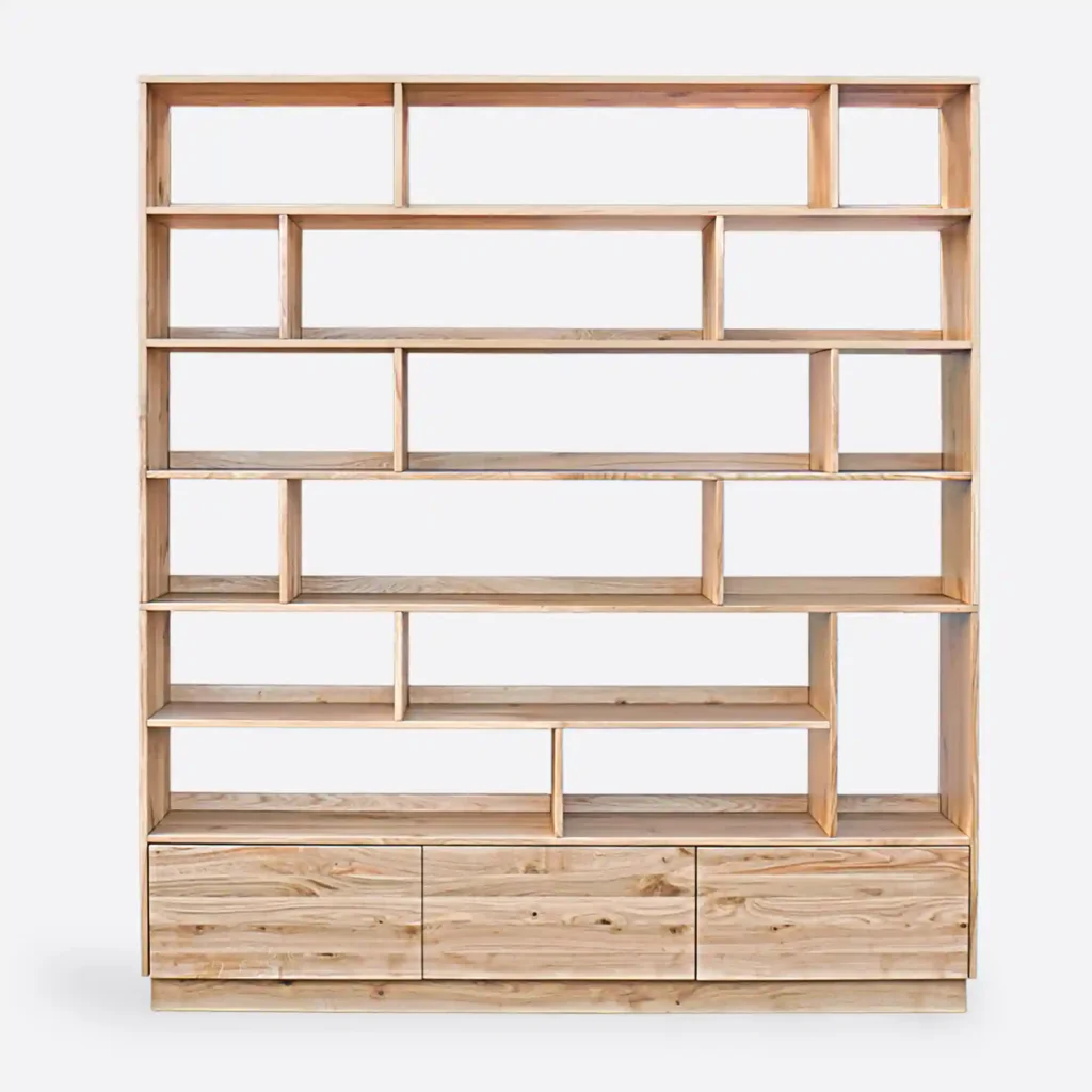 Bücherregal aus Eiche mit Schubladen und Holzsockel VITA II (7)