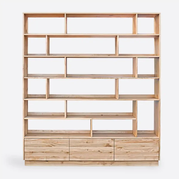 Bücherregal aus Eiche mit Schubladen und Holzsockel VITA II (7)